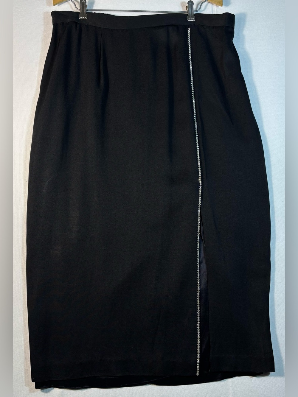 Vintage Women’s 16 Black Pencil Skirt w/ Front Slit Rhinestone Trim Made in USA